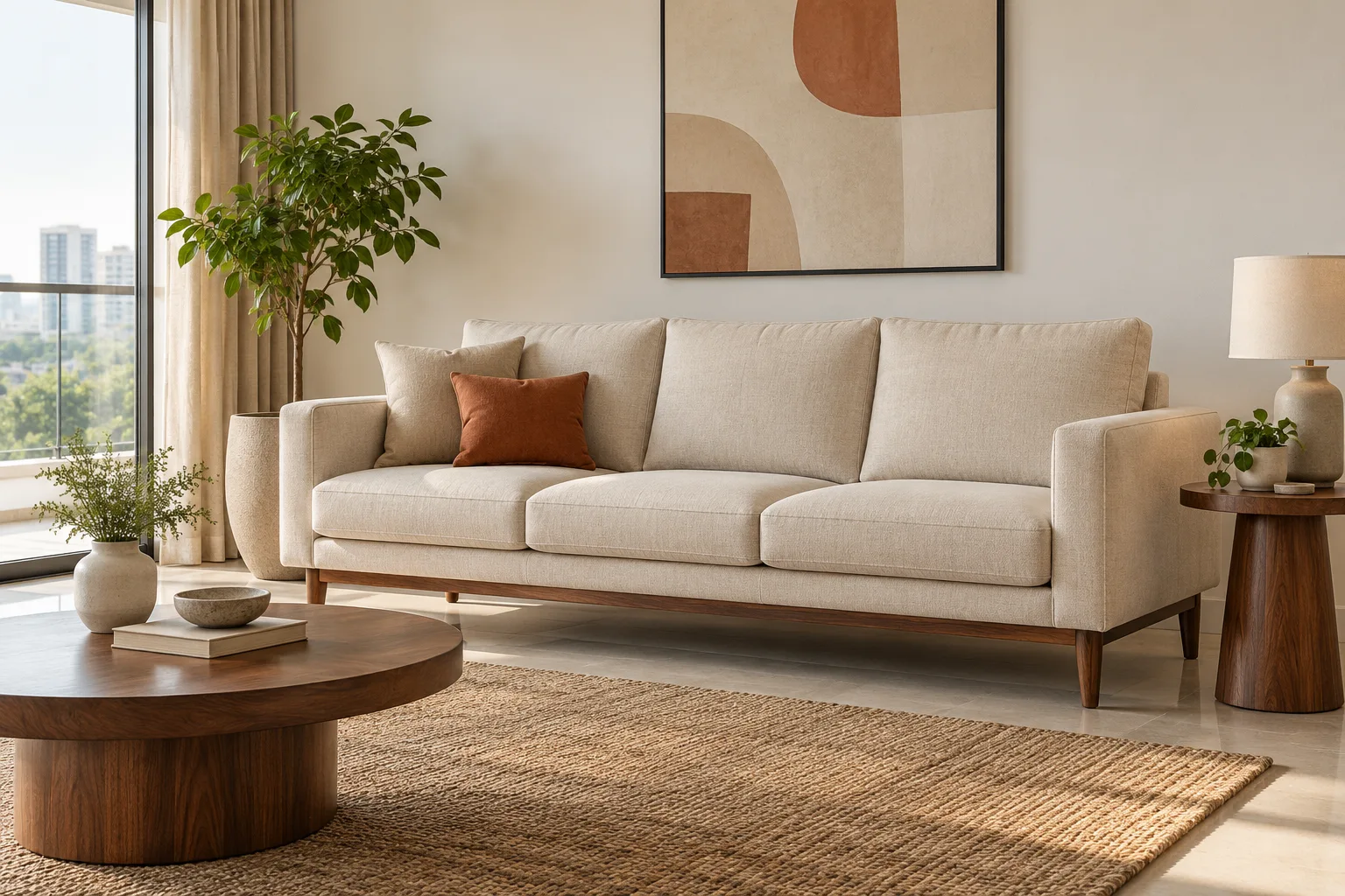 Ivory sofa with walnut legs in a contemporary Indian interior