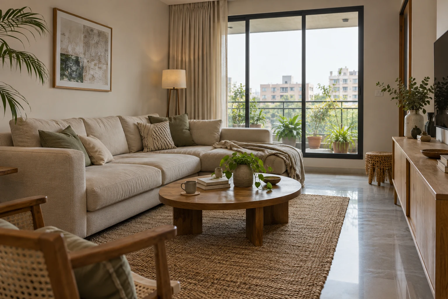 A warm finished living room with woodwork and interior fittings