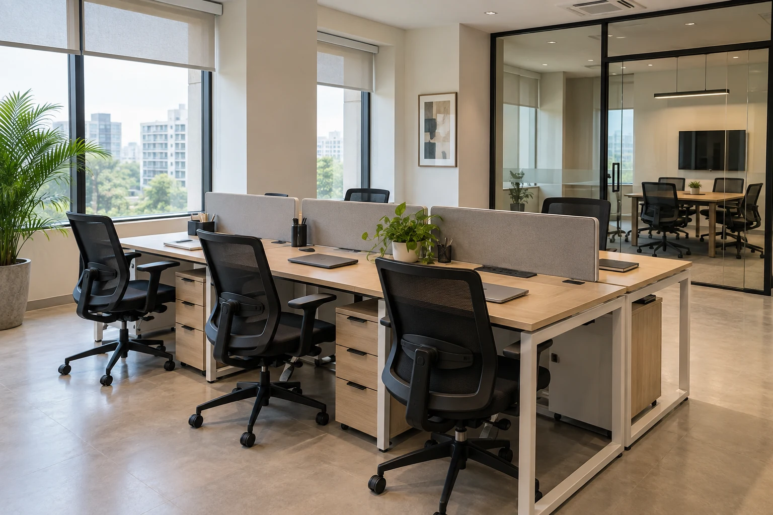 Finished office with workstations and glass partitions