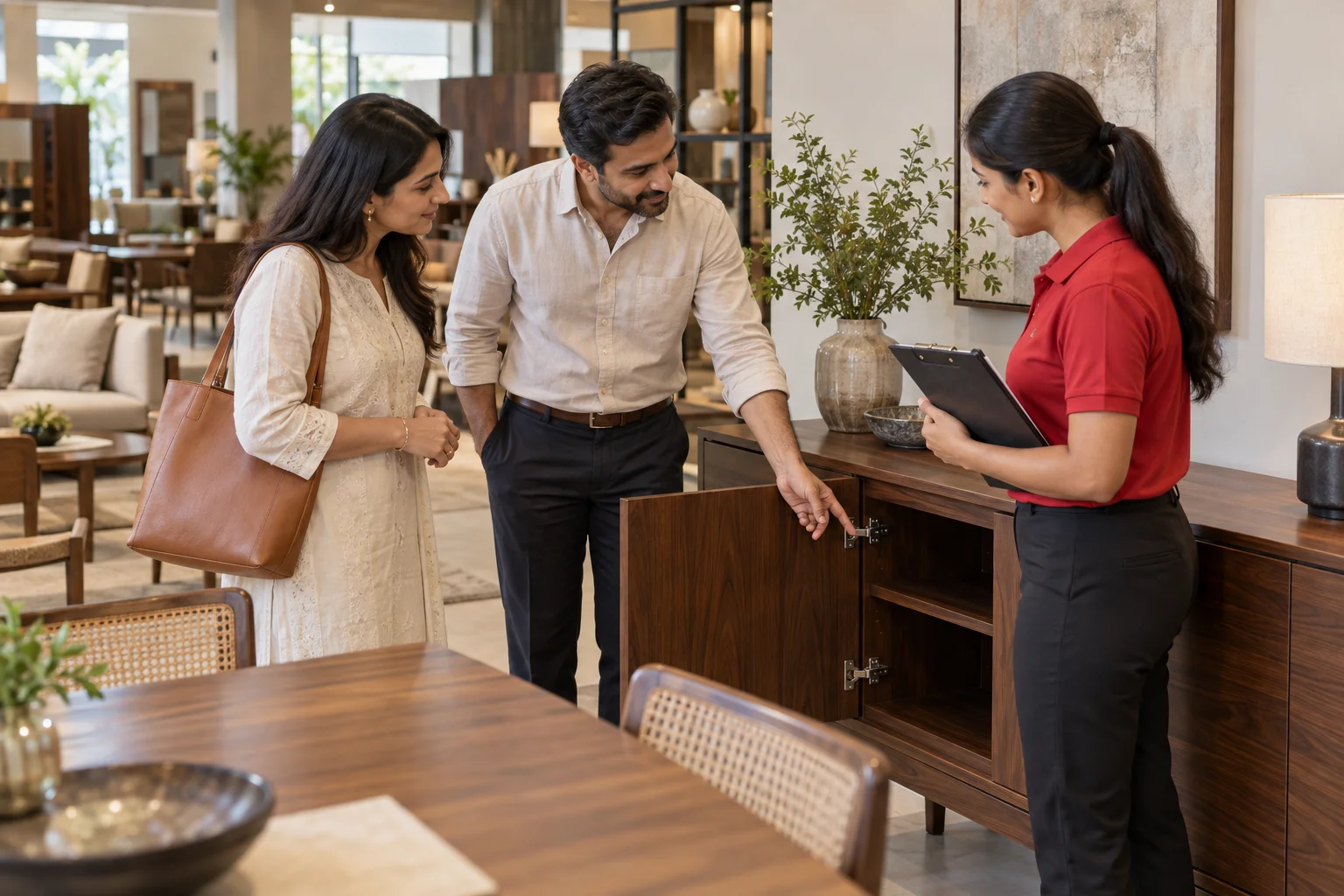 A furniture showroom owner discussing customer aftercare with a homeowner and service coordinator